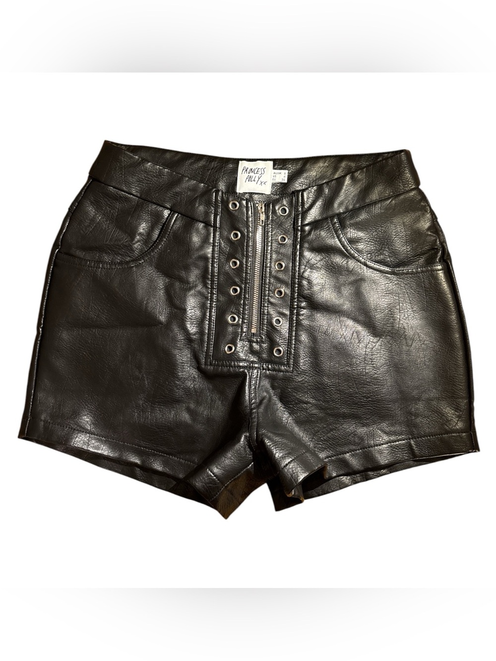 Princess Polly Space Girl PU Black Faux Leather High-Waist Eyelet Shorts